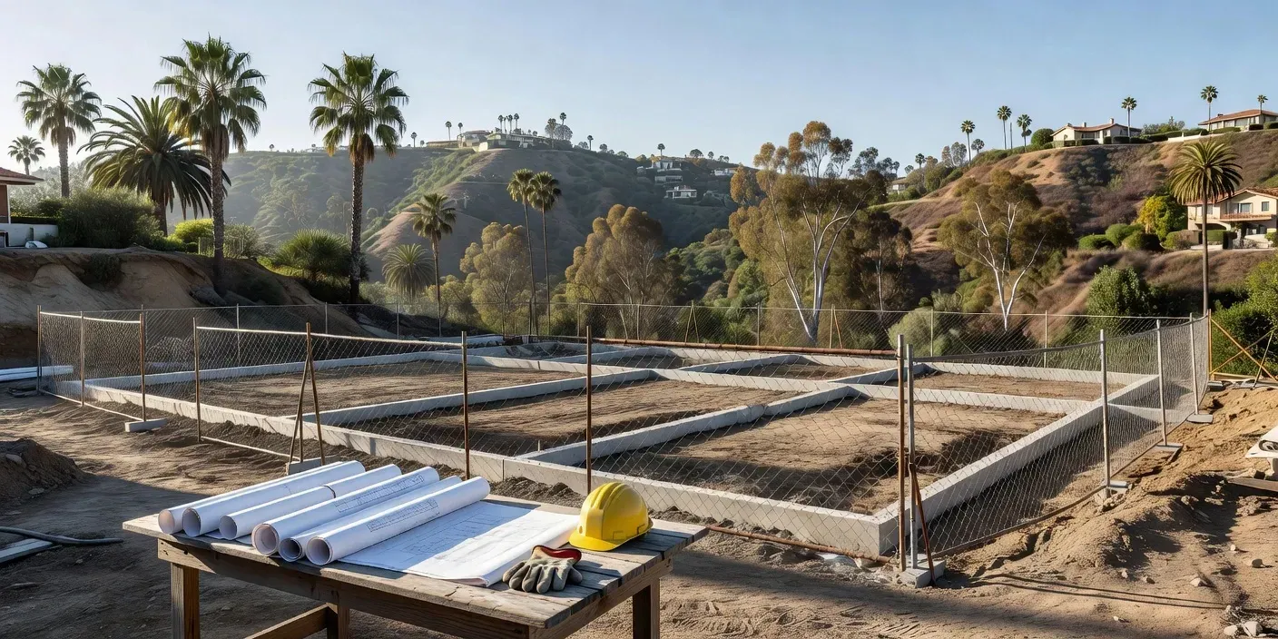 photographic view of a framed Los Angeles hillside lot with foundation forms, temporary fencing, and plan tubes on a job-site table at mid-morning