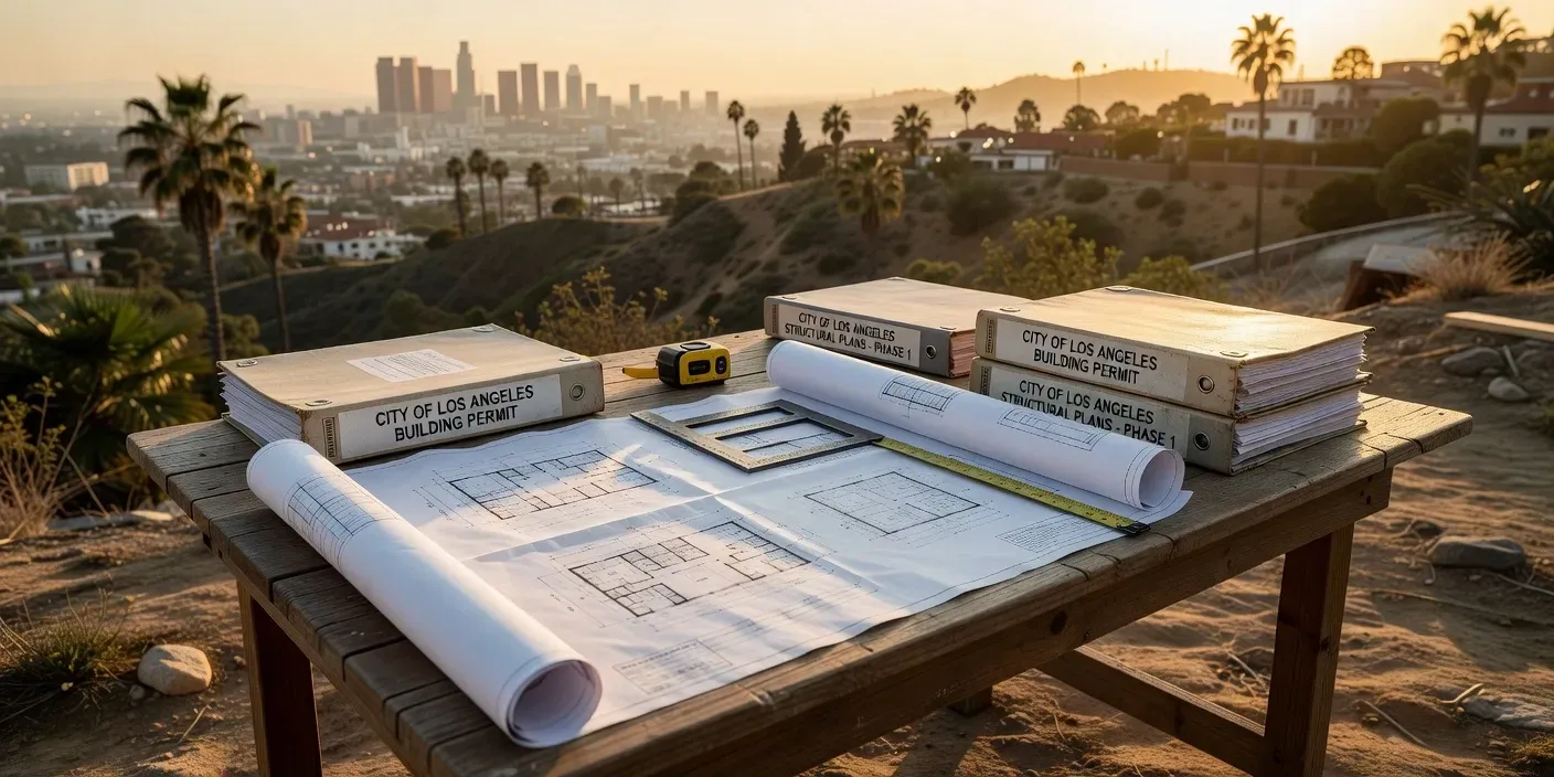 photographic view of a framed Los Angeles hillside lot with blueprints and permit binders on a job-site table at golden hour