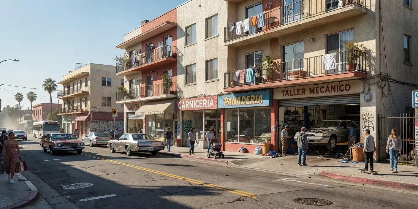 Daylight exterior of a mixed-use building on a busy East Los Angeles street with storefronts and upper-floor units