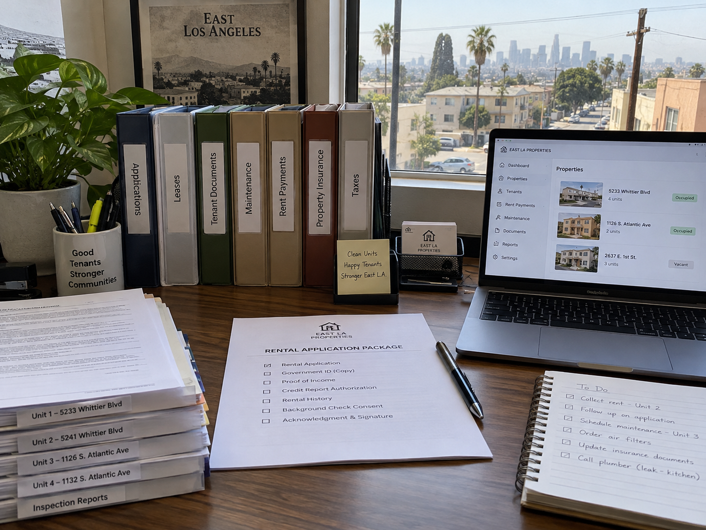 Labeled PDF folders and a one-page cover sheet next to a laptop on a landlord desk in East Los Angeles