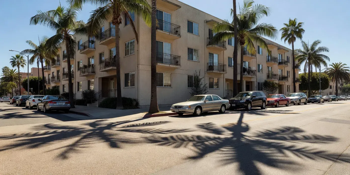 Exterior of a multi-unit apartment building on a sunny Los Angeles street with parked cars and palm shadows on the sidewalk