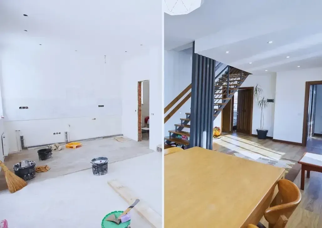 Sell My House Fast Henderson – This split image highlights a dramatic before-and-after of a home renovation project. 
