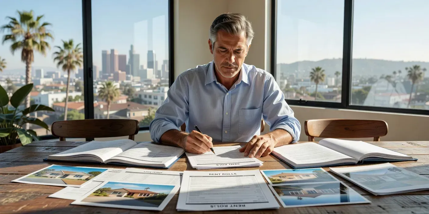 Los Angeles landlord reviewing refinance paperwork at a dining table with rent rolls and property photos spread out