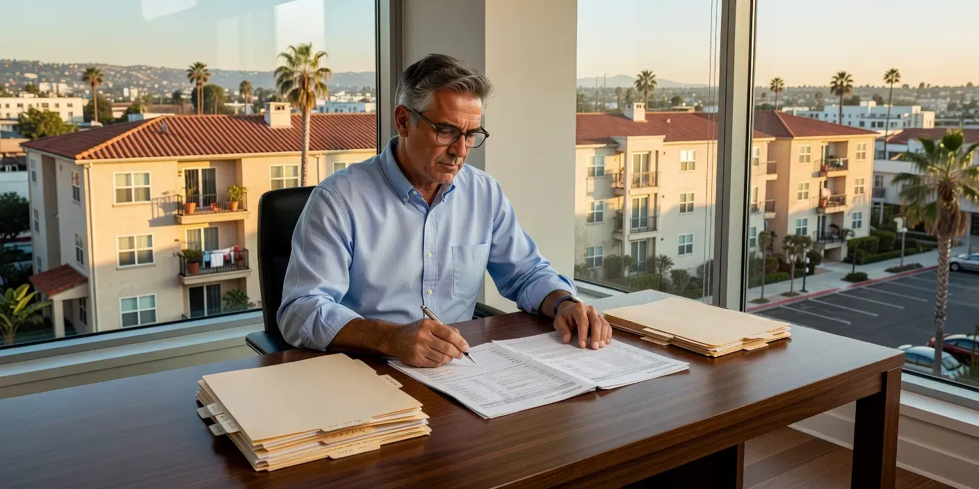 Landlord reviewing lease folders and a rent roll at a desk with a Los Angeles multifamily building visible through the window