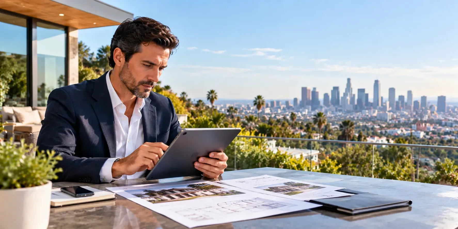 Los Angeles real estate investor reviewing property documents on a digital tablet at a modern terrace overlooking the city skyline.