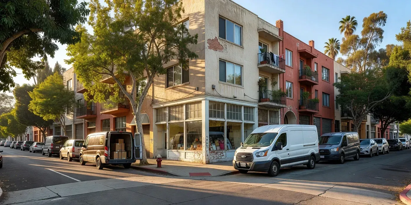 Morning light on a corner retail and apartment building along a tree-lined East Los Angeles CA corridor with parked delivery vans