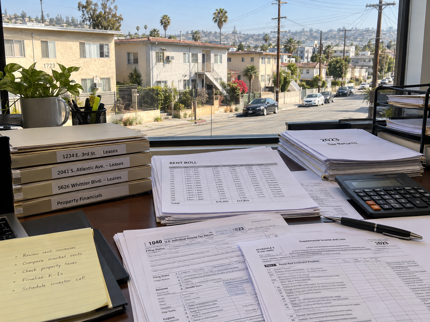 Stacked lease folders, rent roll printouts, and tax returns on a desk overlooking an East Los Angeles street of small multifamily buildings