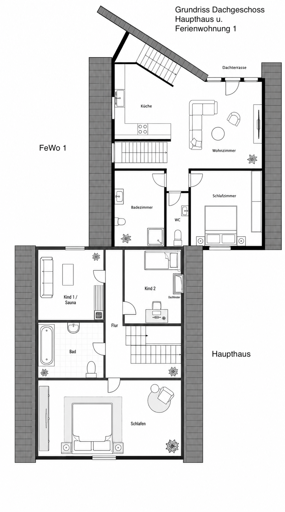 Grundriss Obergeschoss Haupthaus und FeWo 1