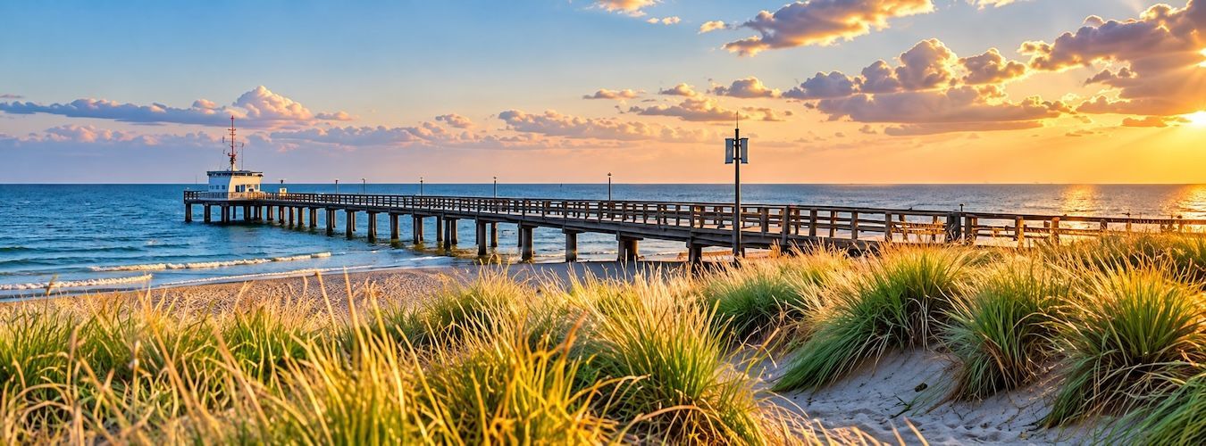 Ostseemotiv mit Seesteg und Strand im Abendlicht als Illustration für die Region Grömitz
