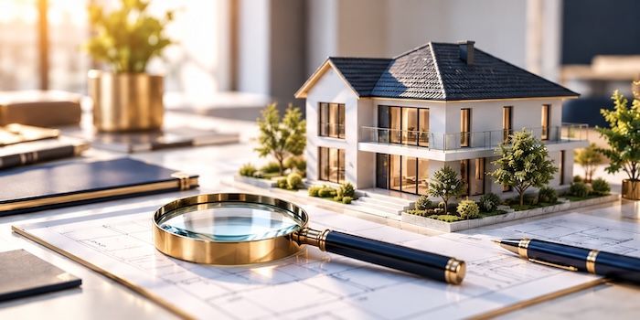 Hausmodell mit goldener Lupe und Bauplänen als Symbol für die Immobilienbewertung