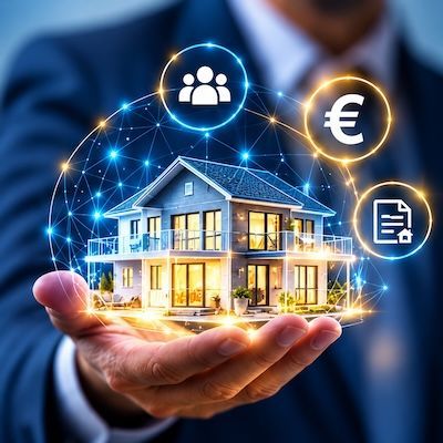 Hand mit einem holografischen Hausmodell als Motiv für den Immobilien-Tippgeber-Service