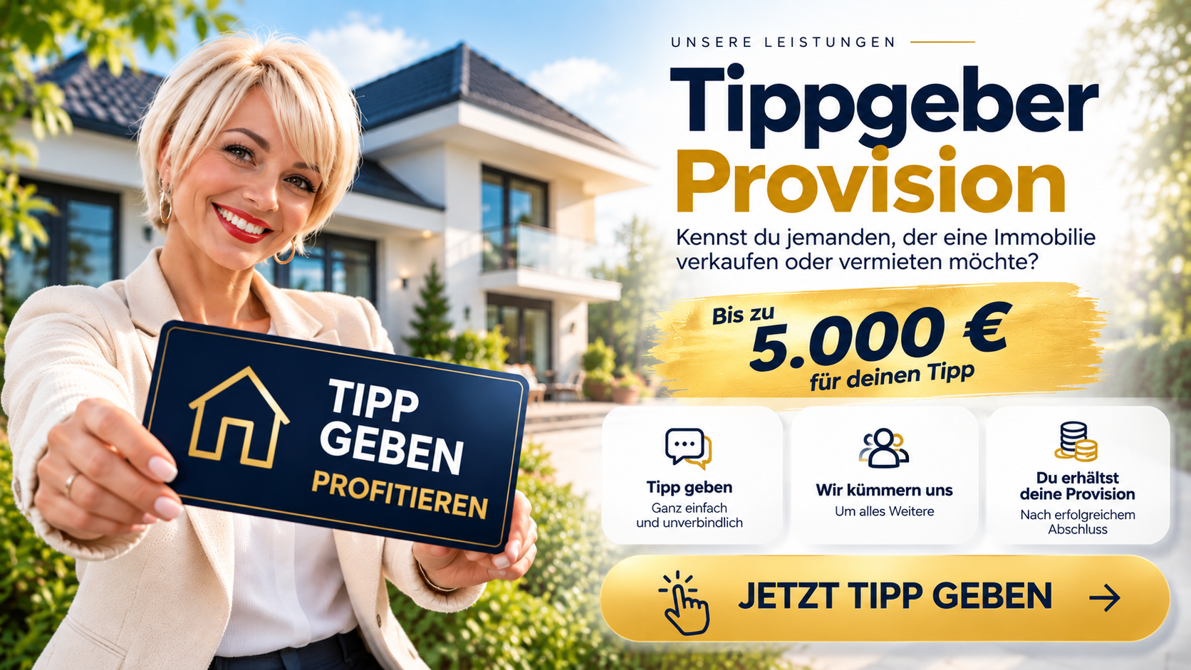 Blonde Frau hält ein Schild mit der Aufschrift „Tipp geben, Provision“ neben einer Hausanzeige mit 5.000 € Prämie und gelbem CTA-Button