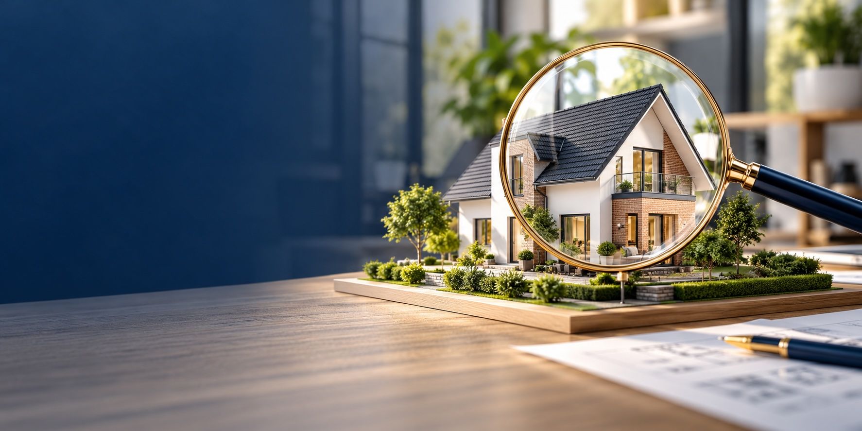 Hausmodell unter einer Lupe als Symbol für den Abgleich von Immobilien mit Käufergesuchen