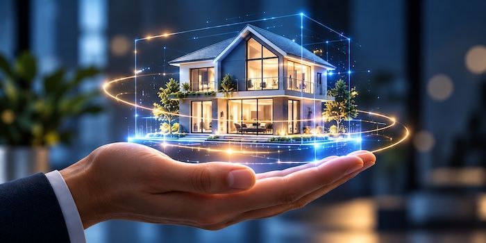 Leuchtendes Hausmodell auf einer Hand als Symbol für Deinen Immobilientipp