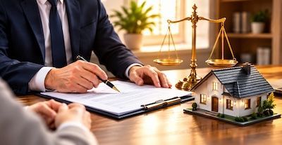 Unterzeichnung von Immobilienunterlagen neben einem Hausmodell und einer goldenen Waage