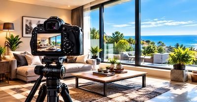 Kamera auf einem Stativ fotografiert ein helles Wohnzimmer mit großen Fenstern und Meerblick