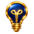 Goldene Glühbirne mit blauem Zentrum und leuchtendem Symbol im Inneren