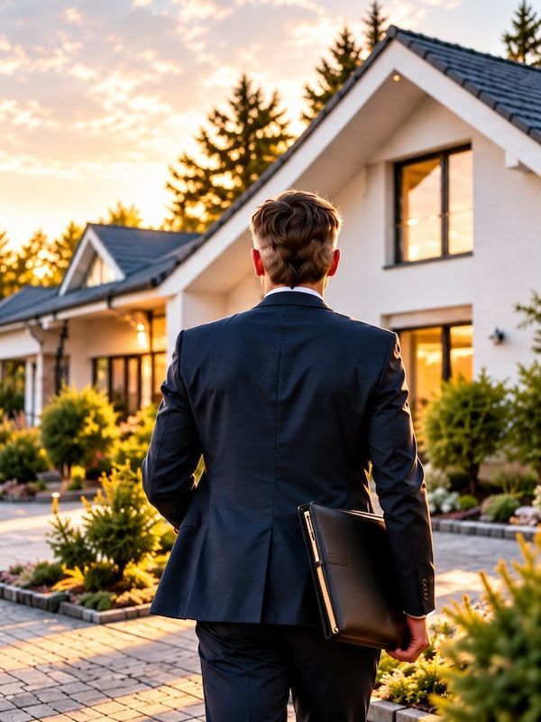 Immobilienmakler mit Aktenkoffer steht vor einem modernen Einfamilienhaus