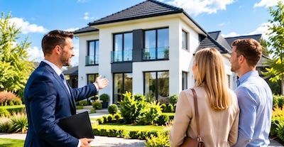Immobilienmakler zeigt einem Paar ein modernes weißes Einfamilienhaus mit gepflegtem Garten
