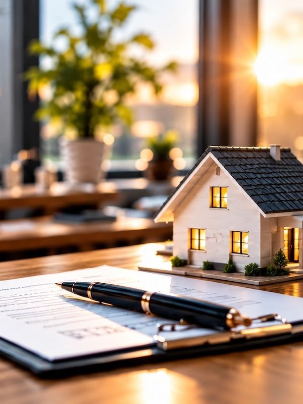 Beleuchtetes Miniaturhaus und schwarzer Füller auf Immobilienunterlagen
