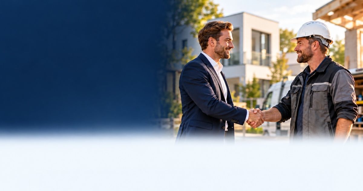 Immobilienprofi und Handwerker geben sich vor einem modernen Gebäude die Hand
