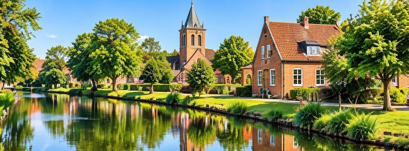 Sommerliches Kanalmotiv mit Backsteinhäusern als Illustration für die Region Ostfriesland