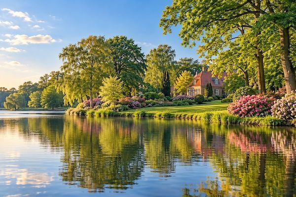 Illustrative Parklandschaft für das Ammerland mit See, blühenden Sträuchern und einem Landhaus