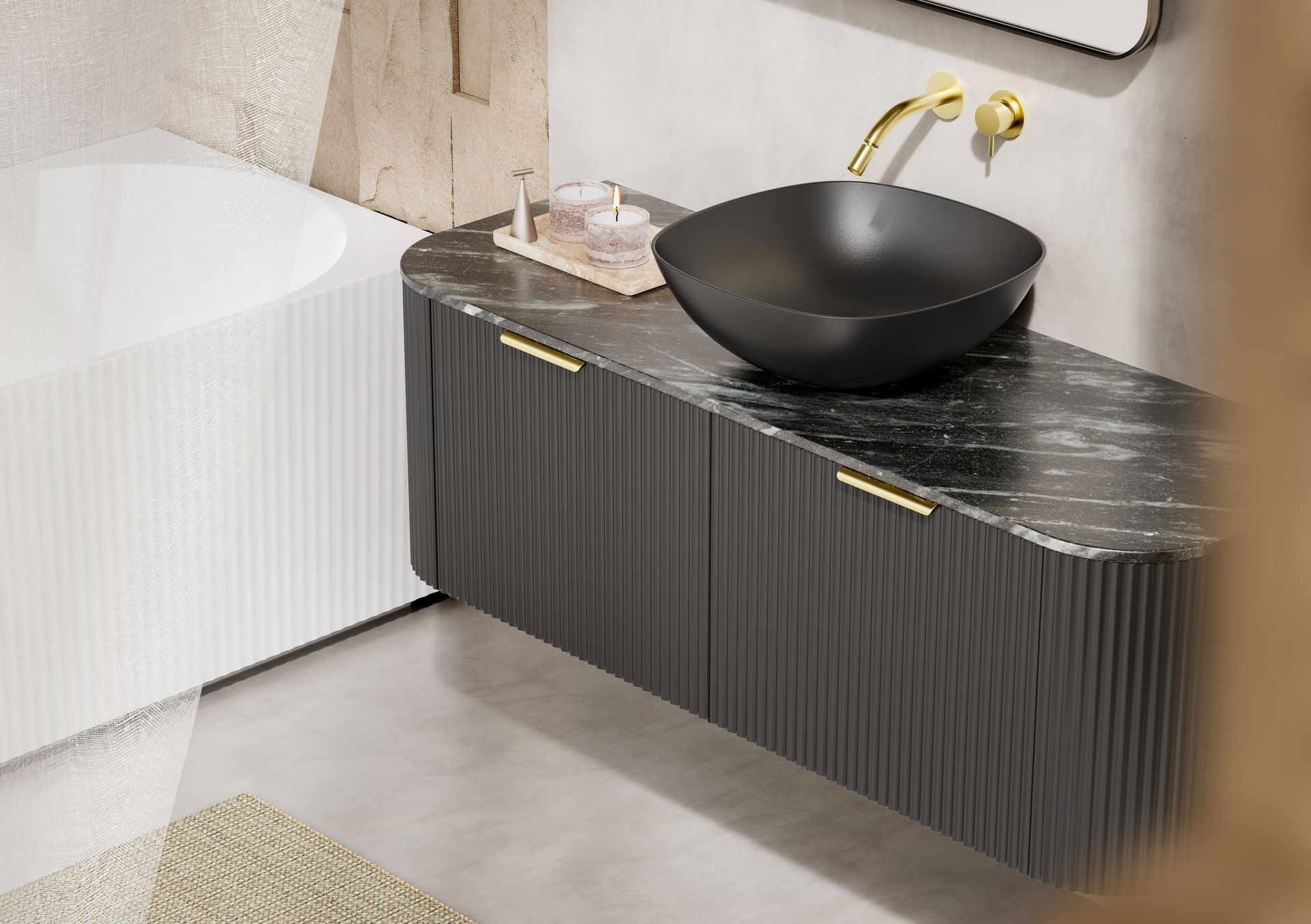 A bathroom with a black sink and a bathtub.