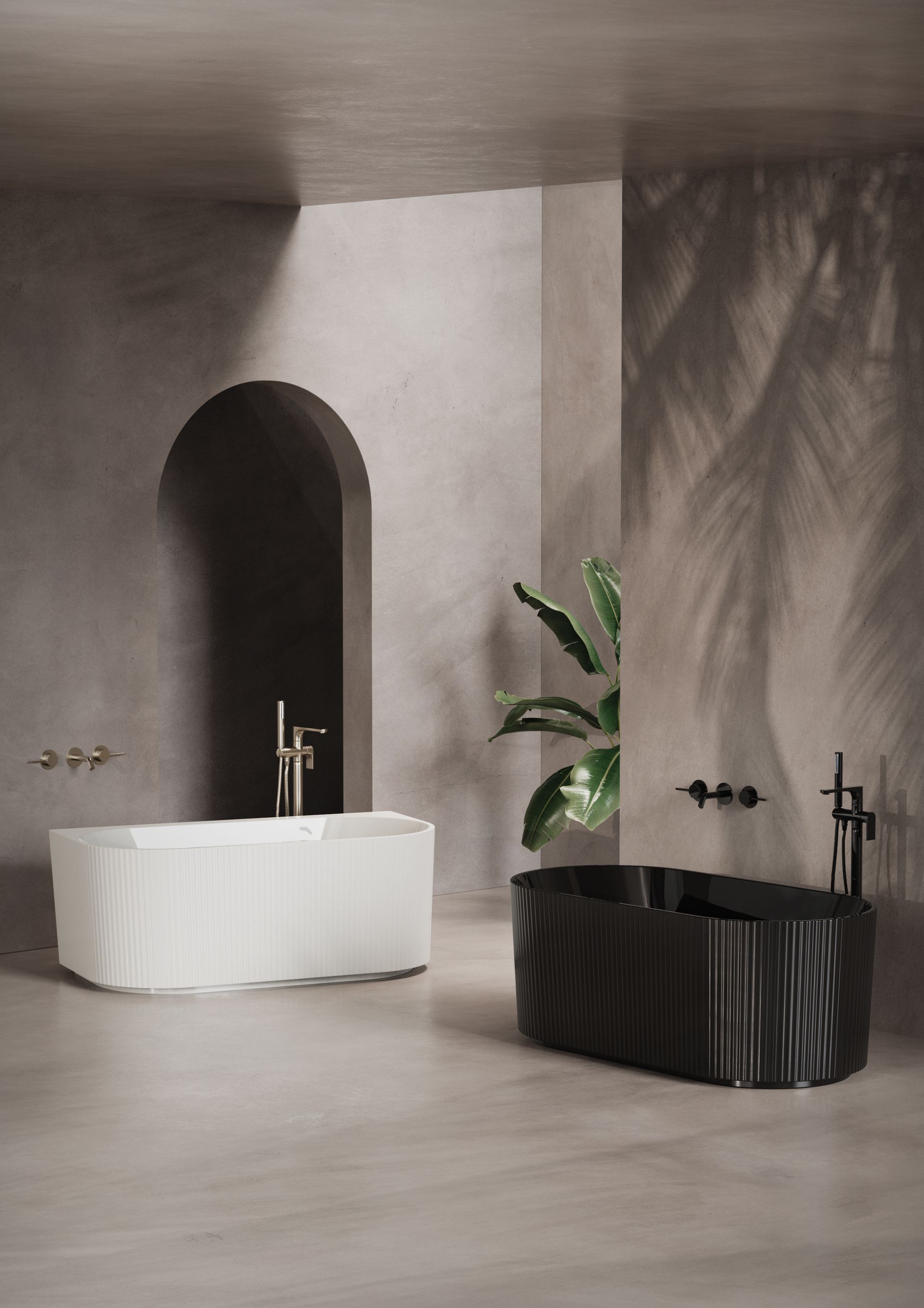 A bathroom with two bathtubs , one white and one black.