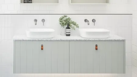 A Bathroom with Two Sinks, a Toilet, and A Shower — Peninsula Tiles in Umina Beach, NSW