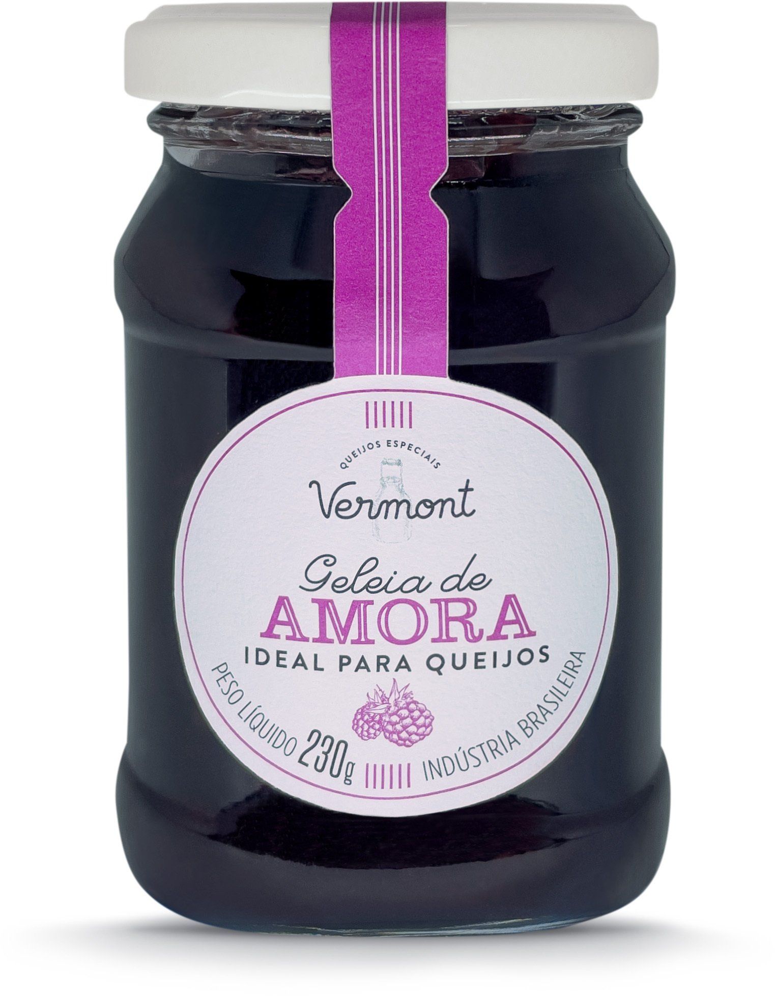 A jar of vermont geleia de amora ideal para queijos on a white background.