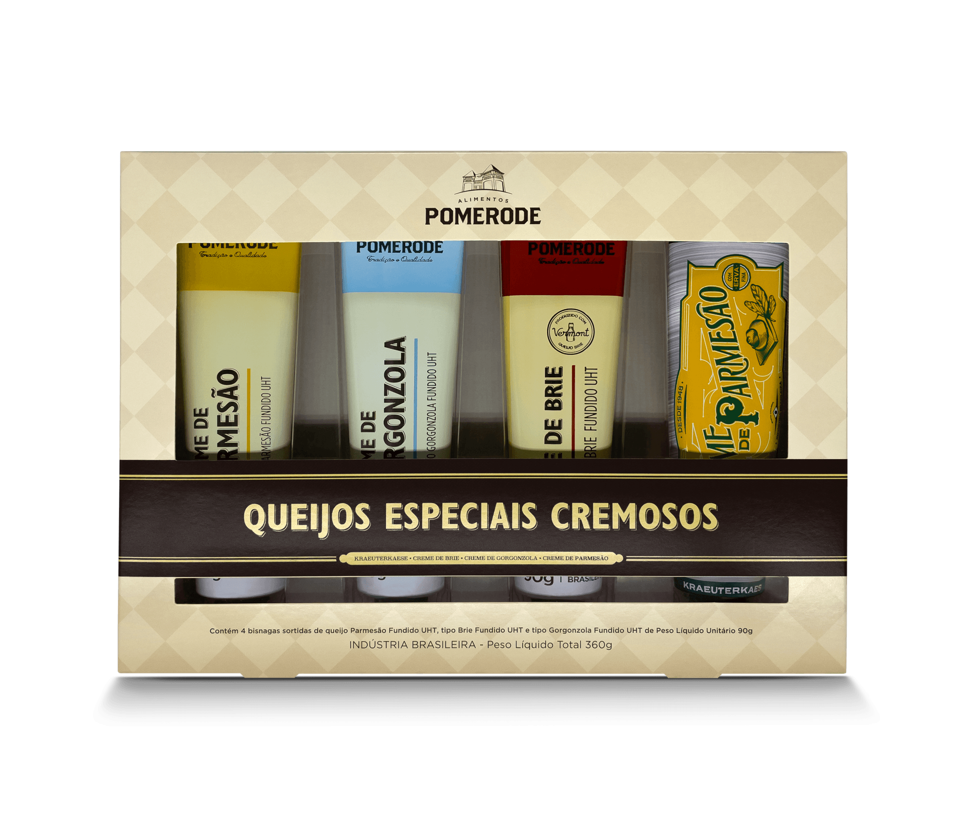 Uma caixa de queijos especiais cremosos contém quatro sabores diferentes