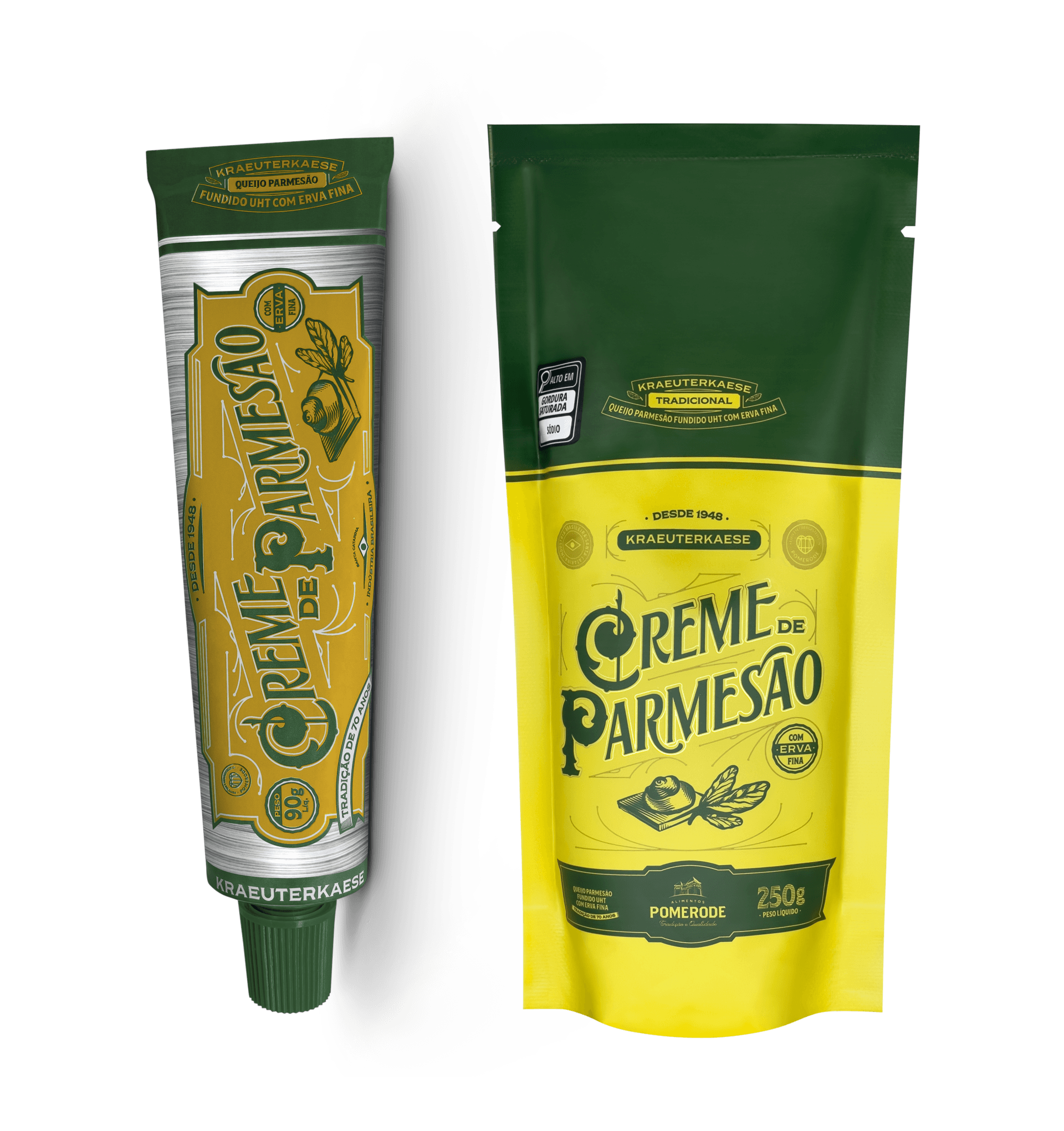 Um tubo de creme parmesão ao lado de um saco de creme parmesão