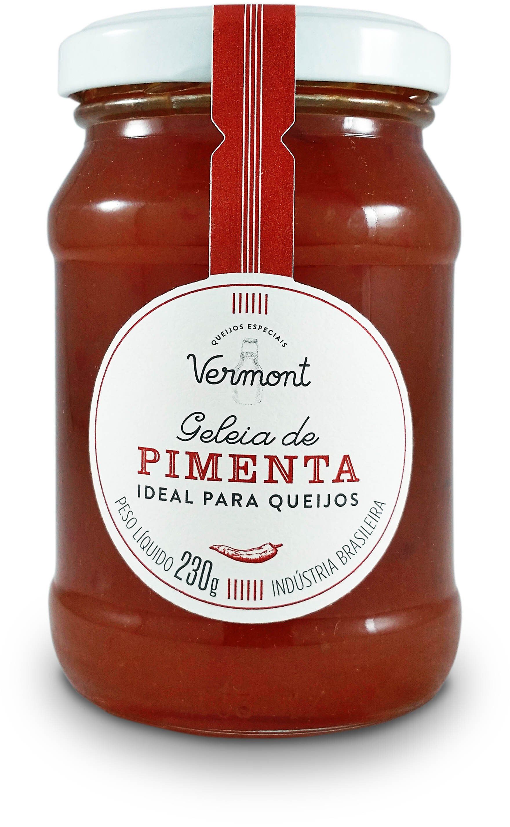 A jar of vermont geleia de pimenta on a white background