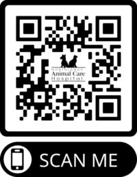 Black-and-white QR code with “Animal Care Hospital” logo and “SCAN ME” label beneath it