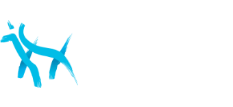 Two blue abstract human figures reaching toward each other on a white background