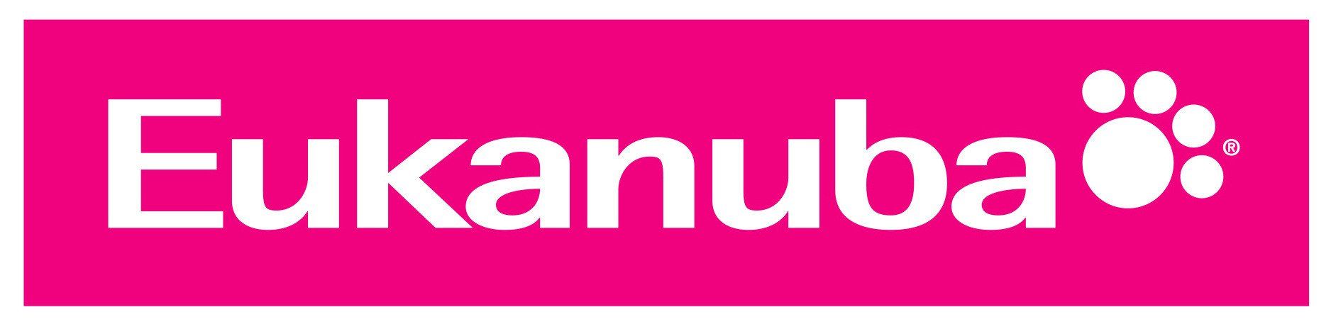 Eukanuba logo in white on a bright pink background with a paw print icon
