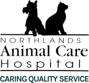Northlands Animal Care Hospital logo with black cat and dog silhouettes and maroon tagline “Caring Quality Service”