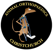 Animal Orthopaedics Christchurch logo with a dog in a surgical brace on a black circular background