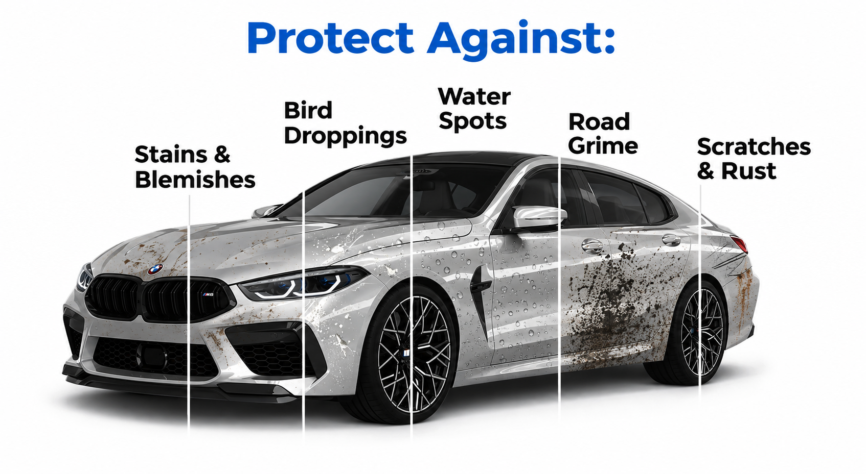 Car being protected against stains, bird droppings, water spots, road grime, scratches, and rust