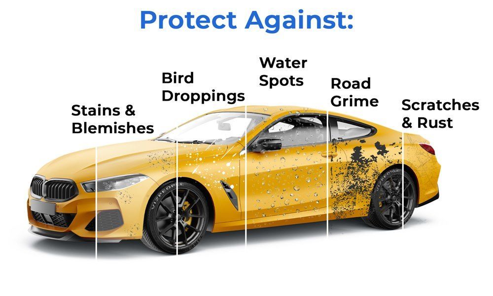 A yellow car is covered in stains and blemishes.
