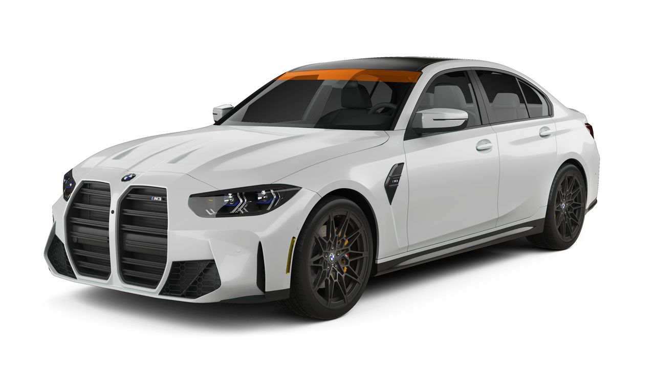 A white bmw m3 is shown on a white background.