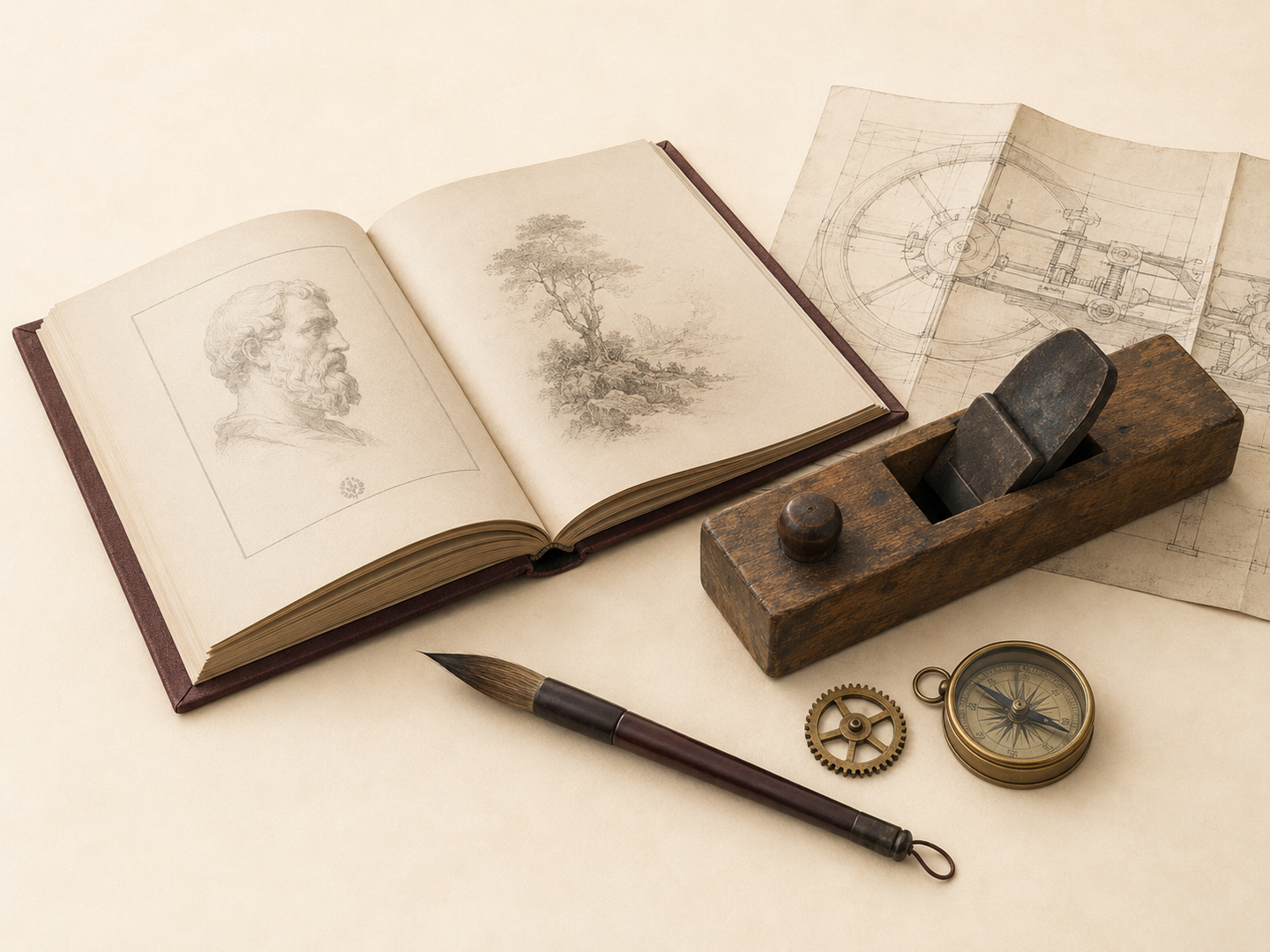 Hands carefully examining the binding of a hardcover book on a wooden table