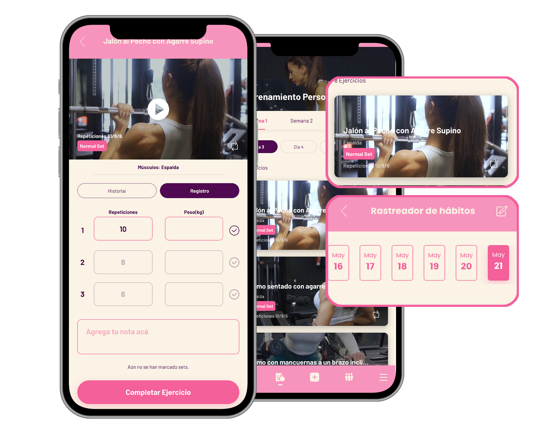 Three overlapping smartphone mockups with blank white screens and app placeholder text.