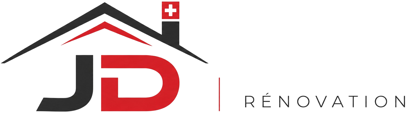 Logo JD Renovation avec icône de toit noir et rouge et accent du drapeau suisse