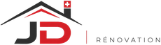 Logo JD Renovation avec icône de toit noir et rouge et accent du drapeau suisse