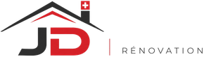 Logo JD Renovation avec ic&ocirc;ne de toit noir et rouge et accent du drapeau suisse