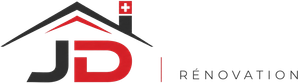Logo JD Renovation avec icône de toit noir et rouge et accent du drapeau suisse