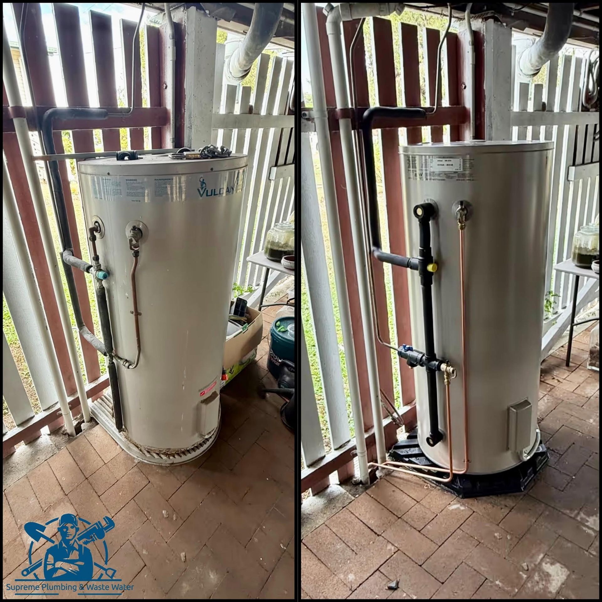 Two views of a silver cylindrical water tank with pipes, standing on a tiled porch by a railing.