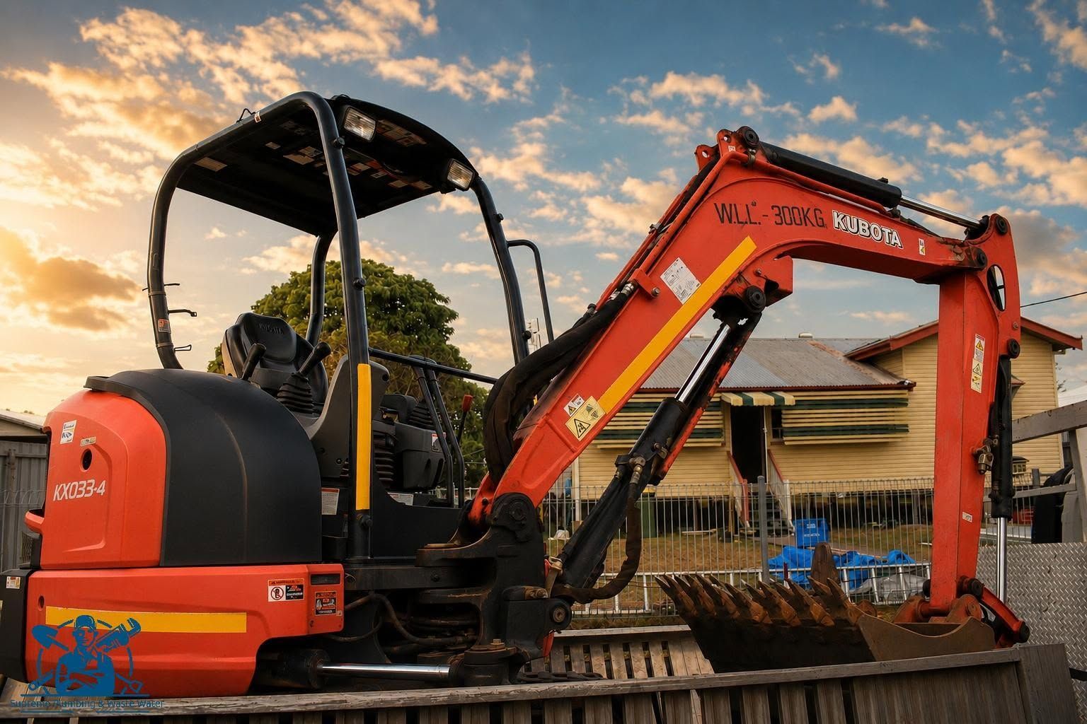 Orange excavator on a flatbed truck at sunset with a house in the background